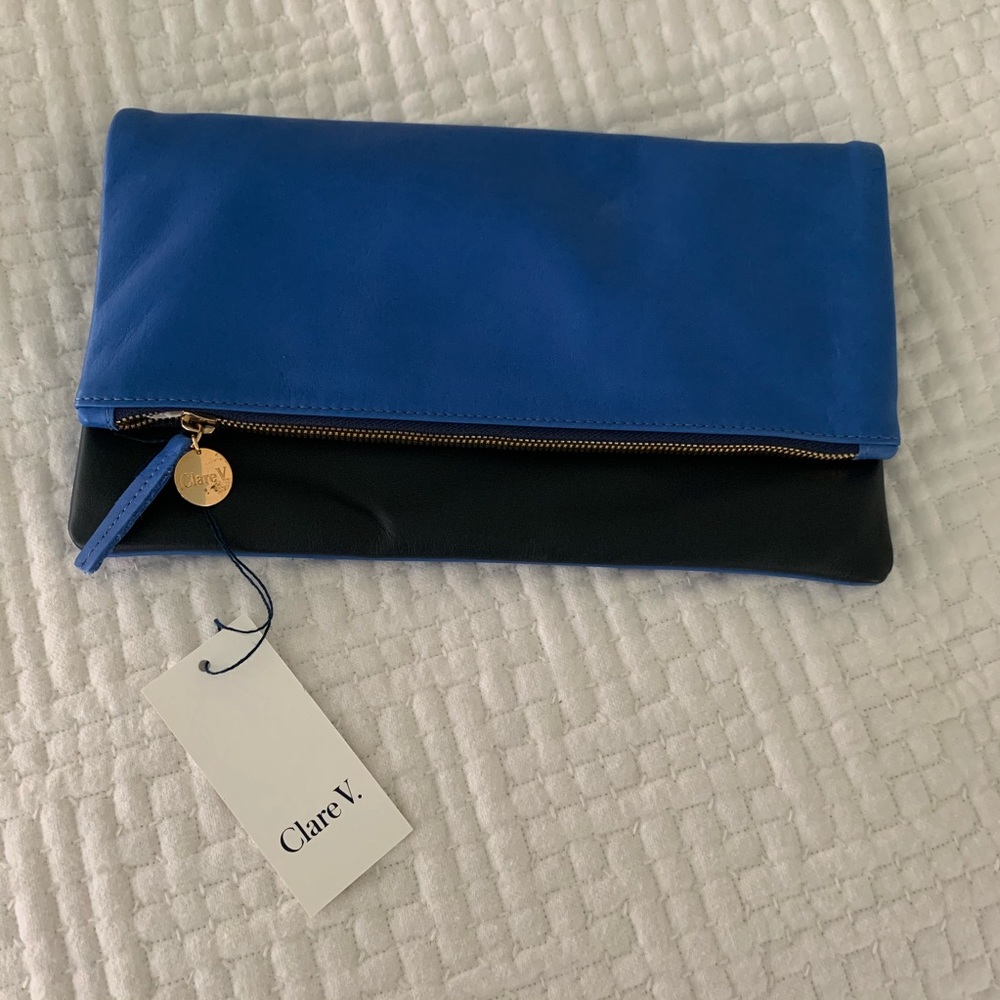 Claire V. Blue and Black Leather Foldover Clutch